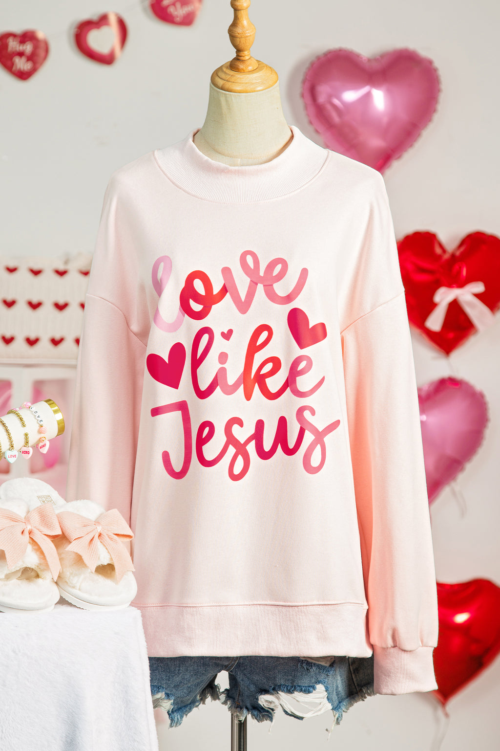 Light Pink love like Jesus Valentines Day Mock Neck Sweatshirt