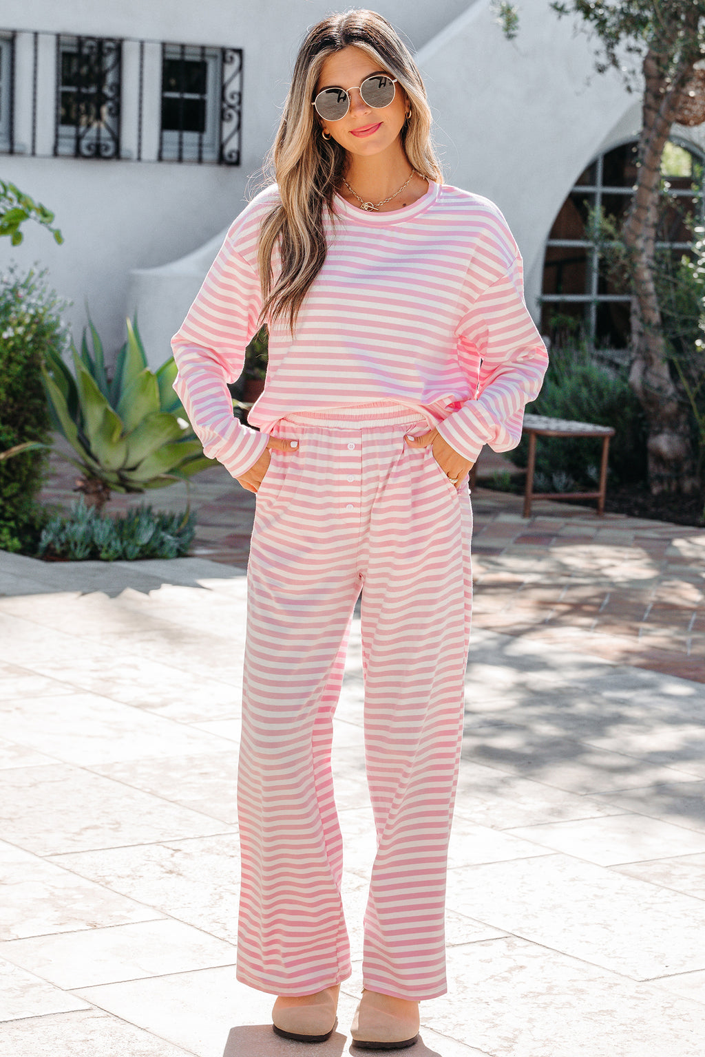Pink Stripe Drop Shoulder Round Neck Top and Buttoned Straight Pants Two Piece Set