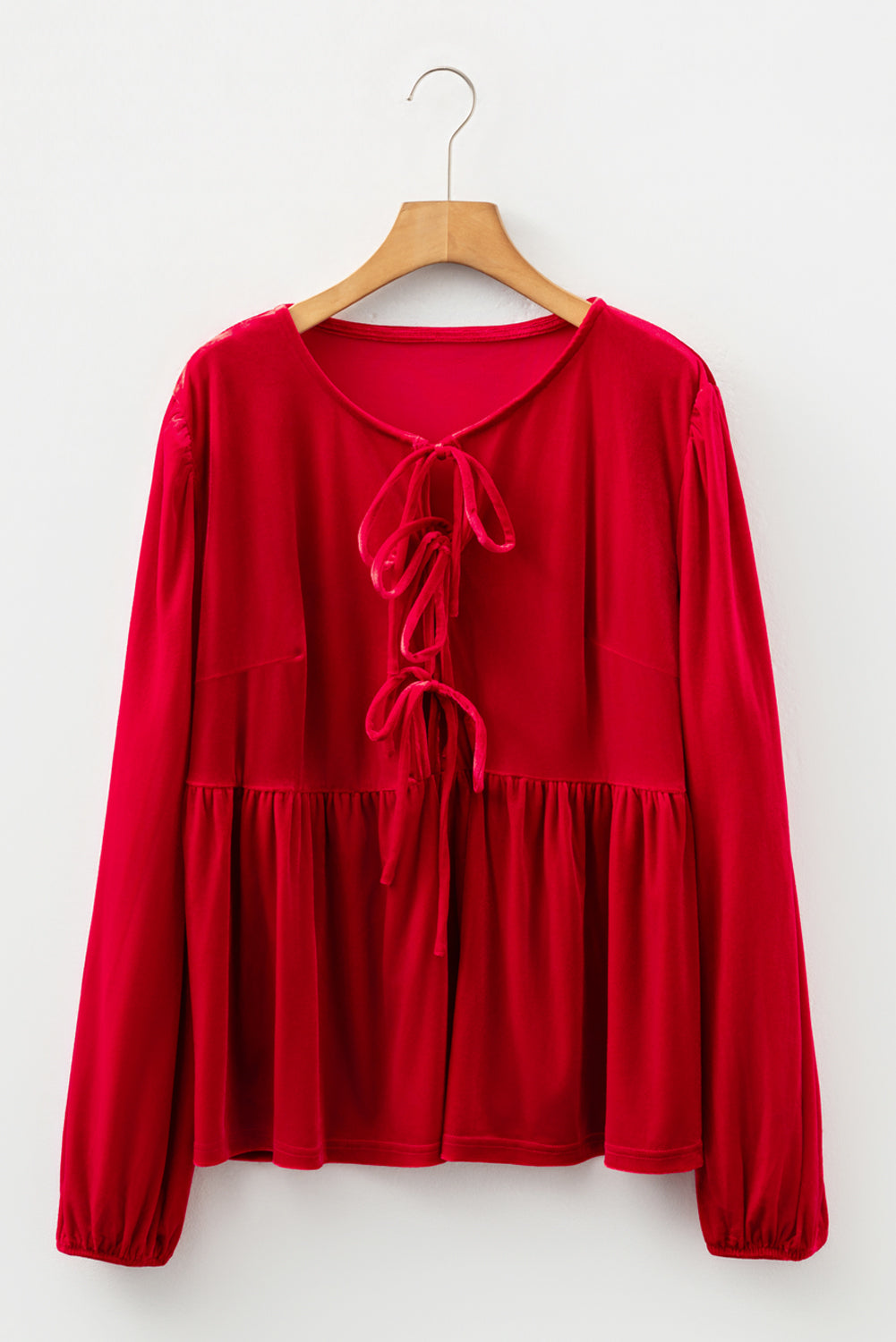Red Clay Plus Size Tie Front Velvet Peplum Blouse