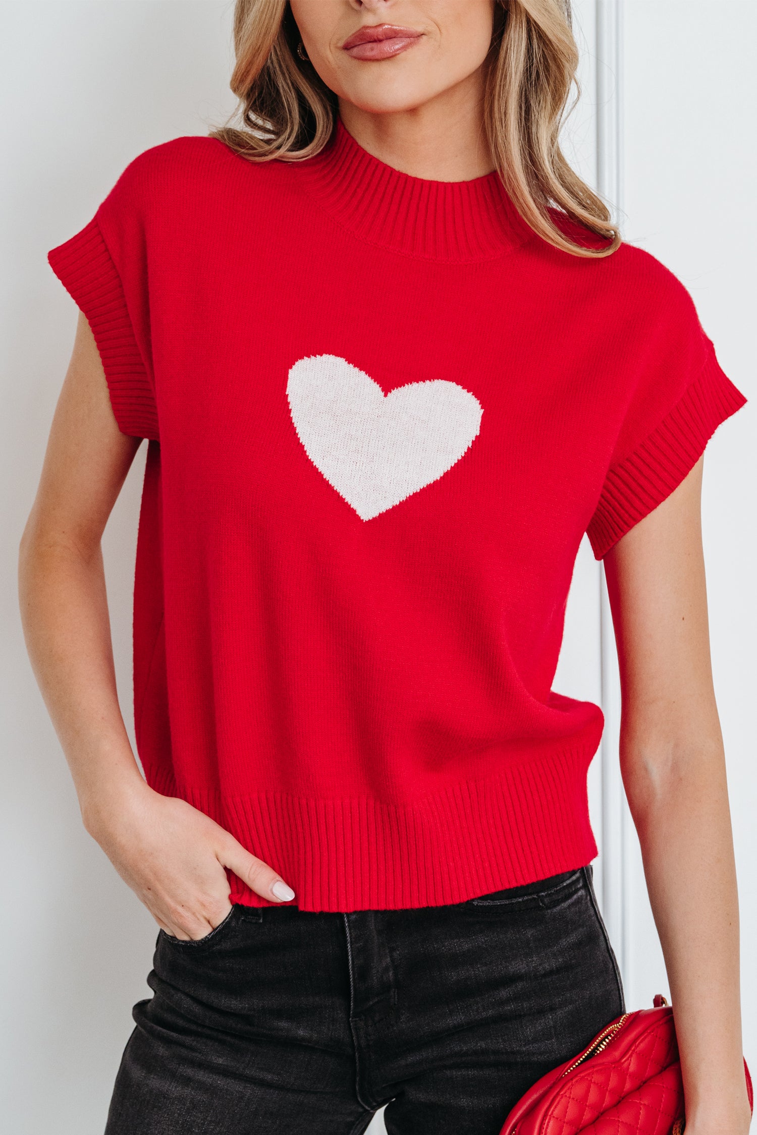 Fiery Red Valentine Heart Graphic Cropped Short Sleeve Sweater