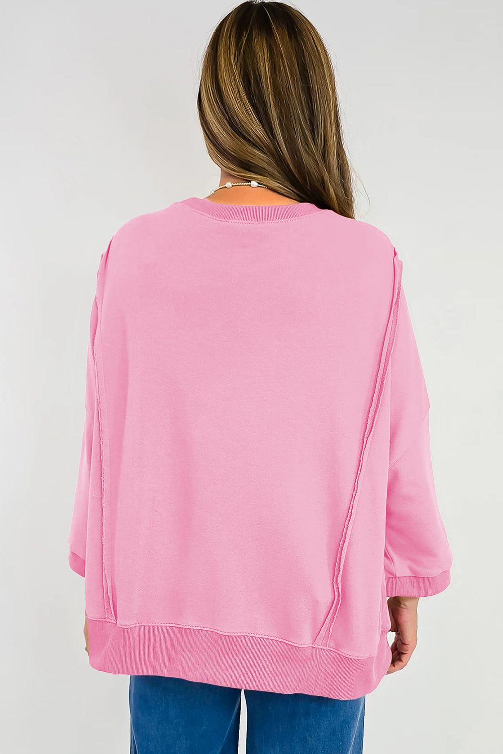 Pink Floral Bow Patched Exposed Seam Patchwork Slit Baggy Sweatshirt