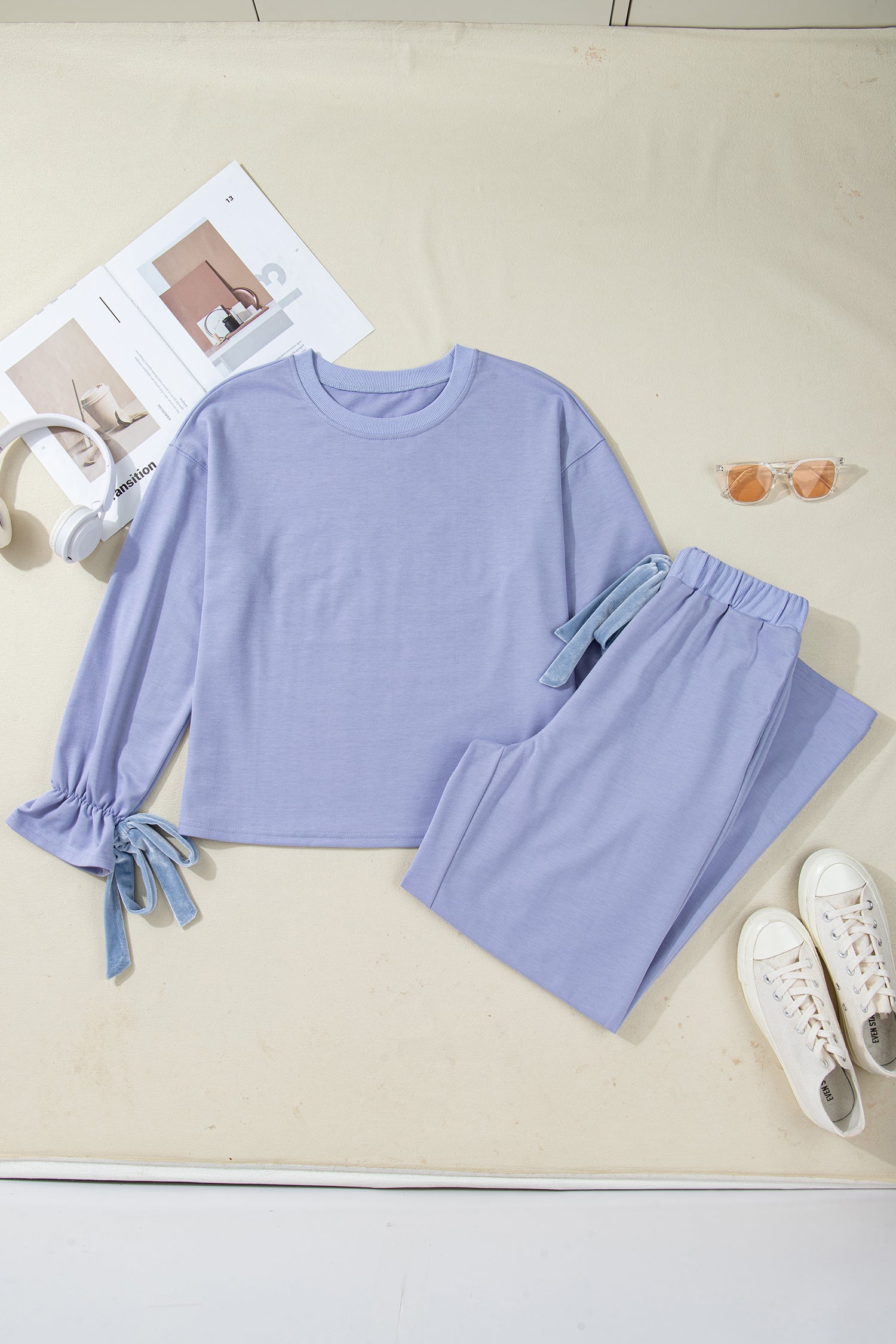 Beau Blue Flounce Long Sleeve Top Drawstring Pants Contrast Velvet Bow Knot 2pcs Lounge Set