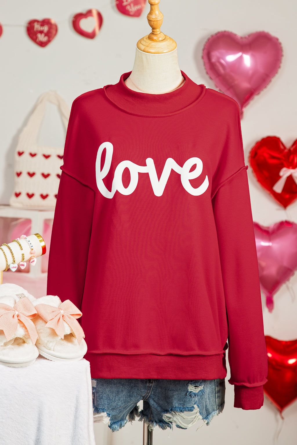 Racing Red Valentines Day Heart Love Script Reversible Printed Double Wear Mock Neck Sweatshirt