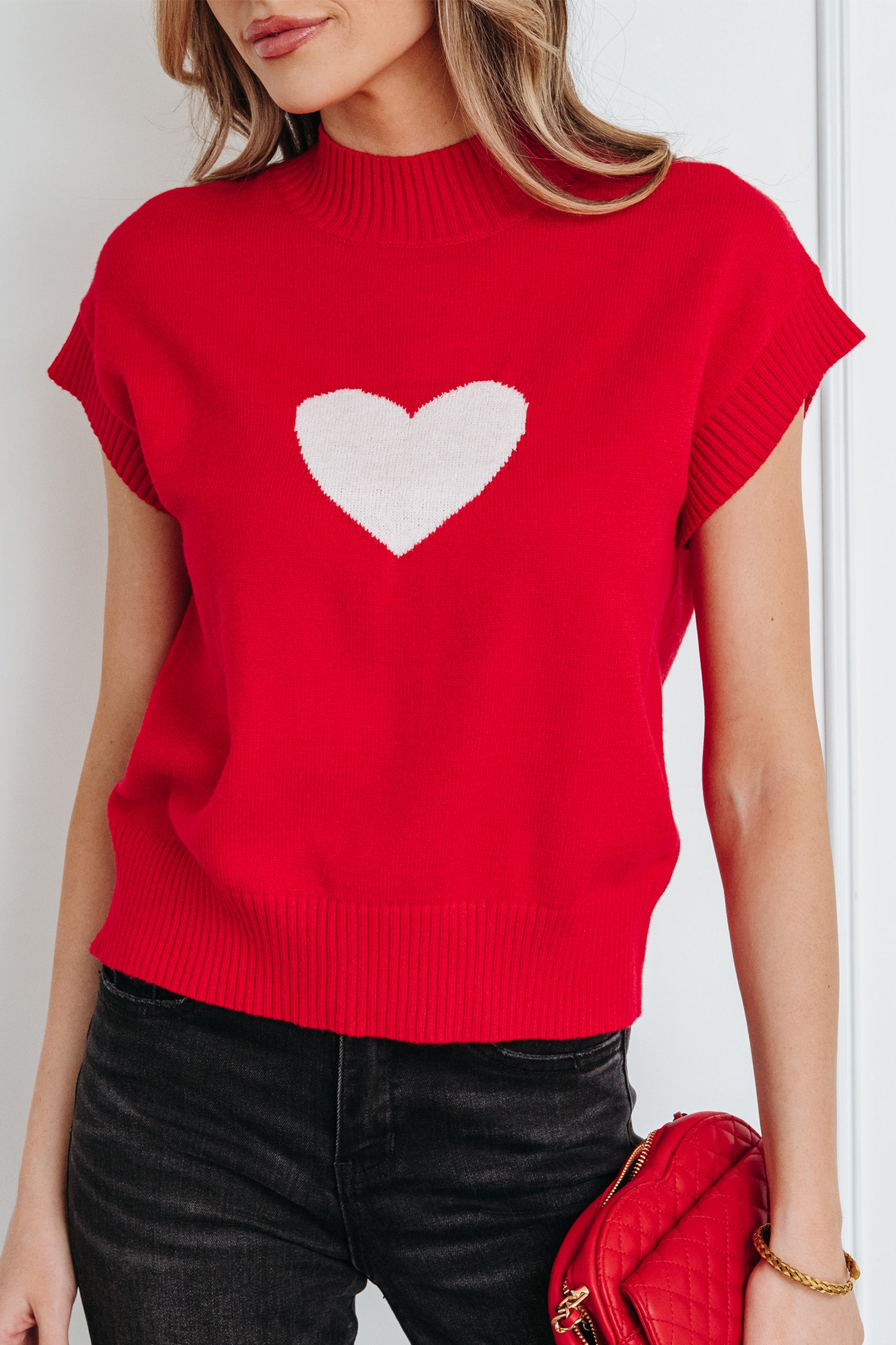 Fiery Red Valentine Heart Graphic Cropped Short Sleeve Sweater