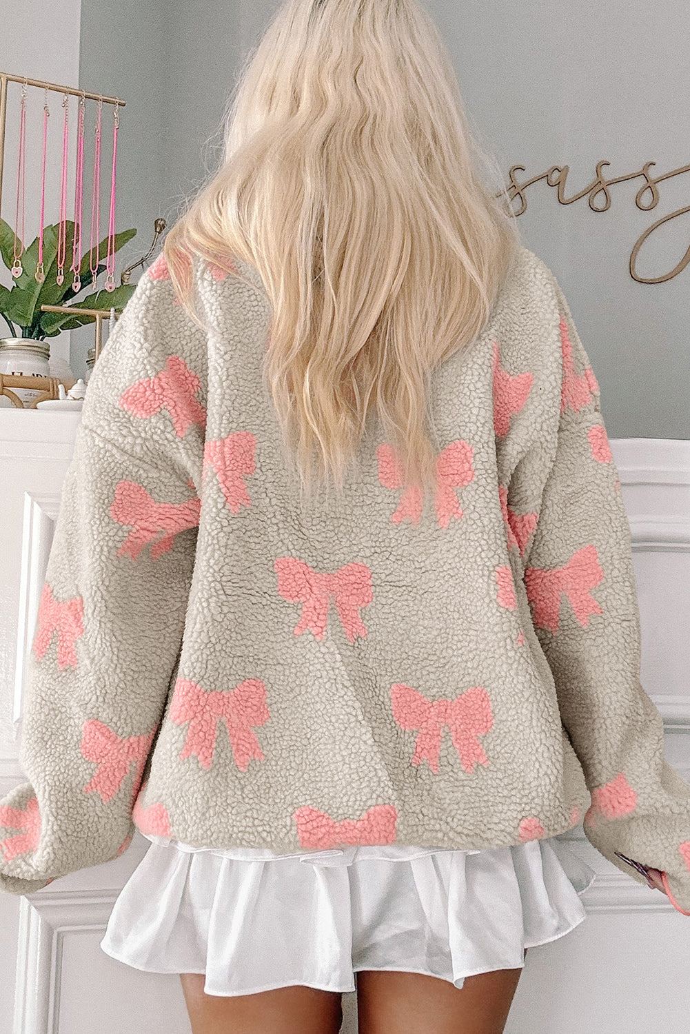 Gray Bow Sherpa Quarter Zip Drop Shoulder Baggy Sweatshirt