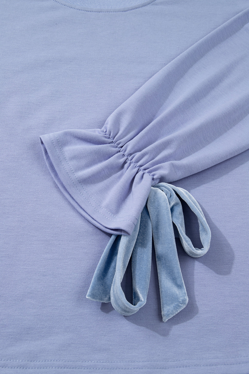 Beau Blue Flounce Long Sleeve Top Drawstring Pants Contrast Velvet Bow Knot 2pcs Lounge Set