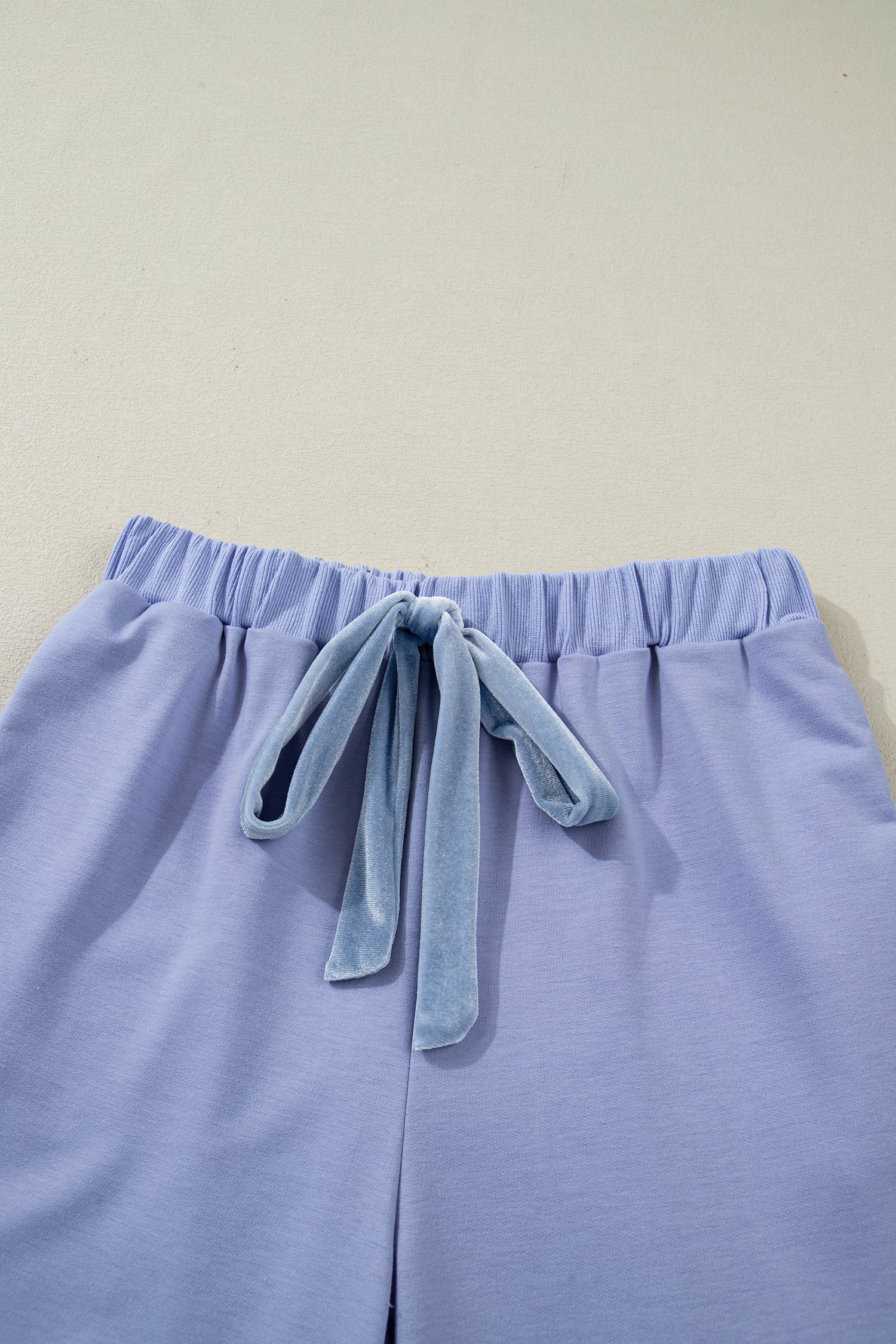 Beau Blue Flounce Long Sleeve Top Drawstring Pants Contrast Velvet Bow Knot 2pcs Lounge Set