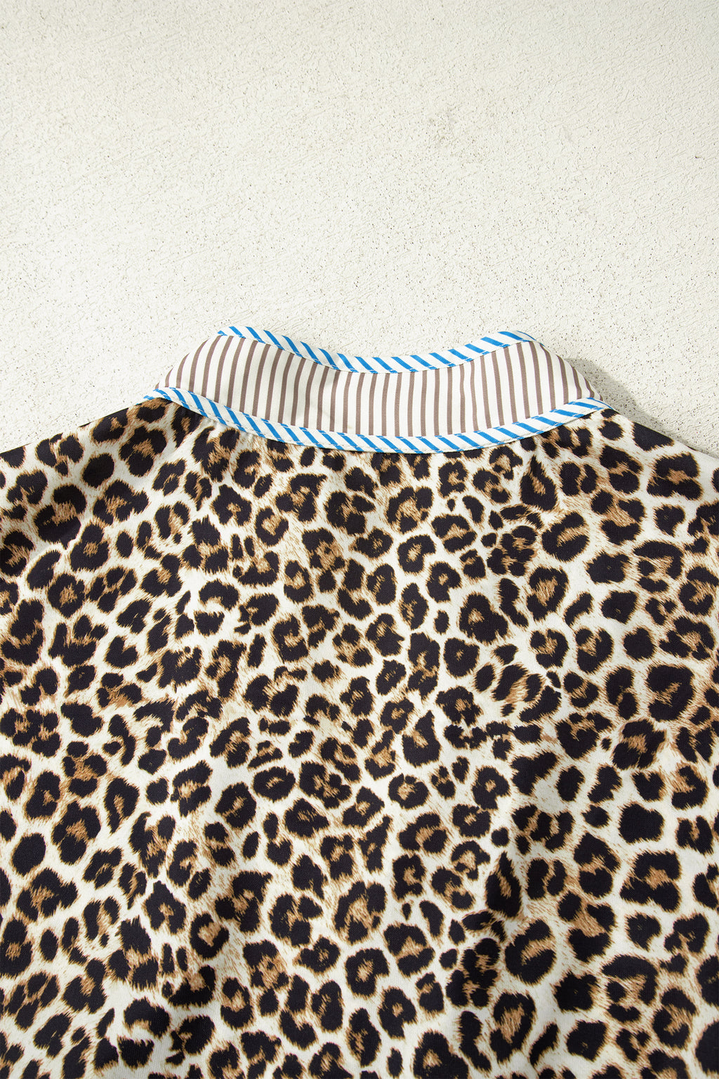 Khaki Plus Size Leopard Print Striped Trim V Neck Drop Waist Long Sleeve Mini Dress