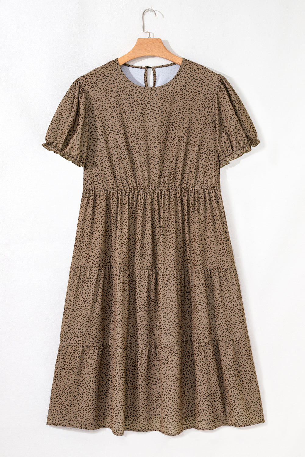 Brown Plus Size Leopard Print Frill Trim Short Sleeve Flared Dress