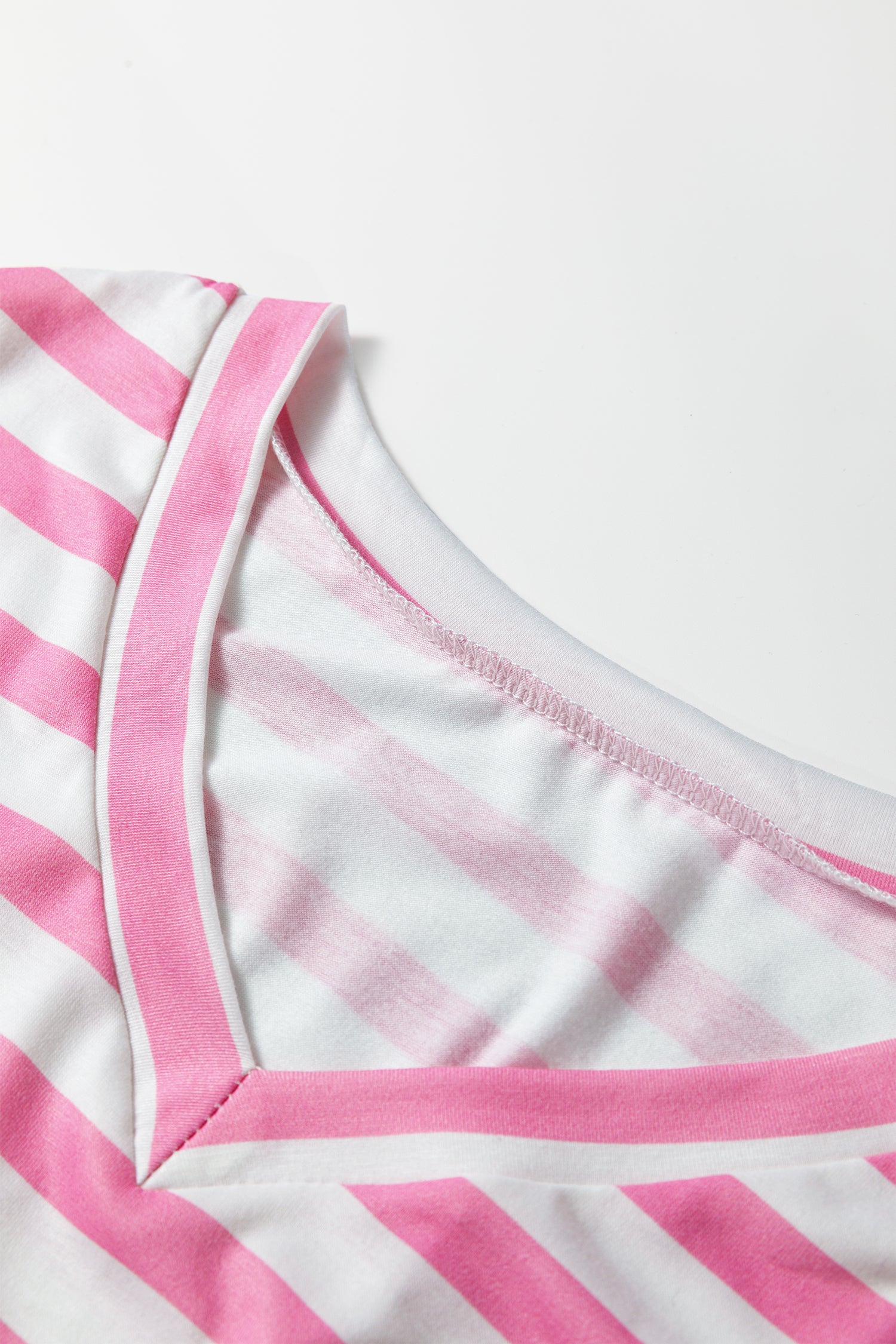 Pink Stripe V Neck Patched Pocket Casual T Shirt