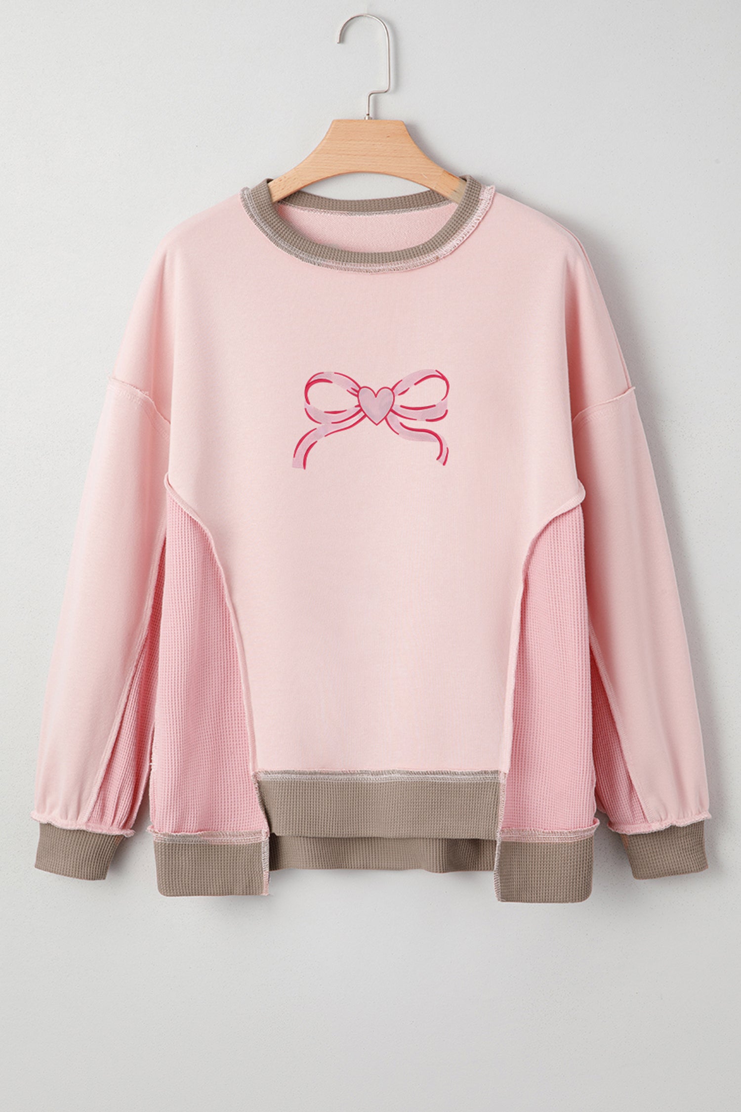 Light Pink Heart Bow Embroidered Exposed Seam Color Block Waffled Patchwork Sweatshirt