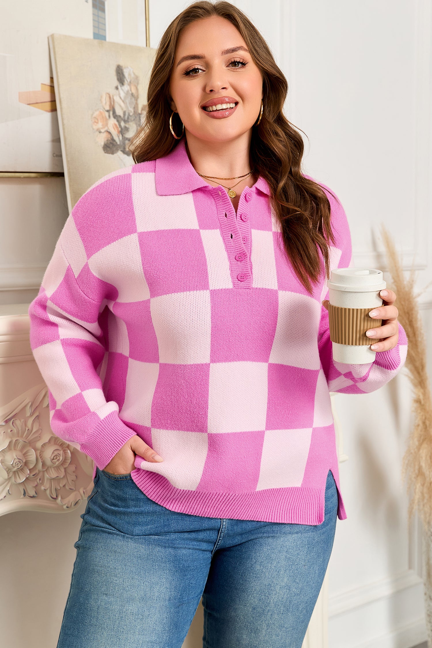 Pink Plus Size Checkered Collared Half Button Sweater