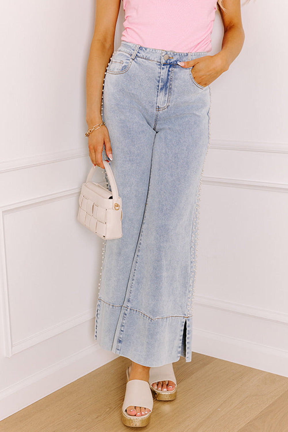 Beau Blue Mid Rise Pearl Embellished Split Wide Leg Jeans