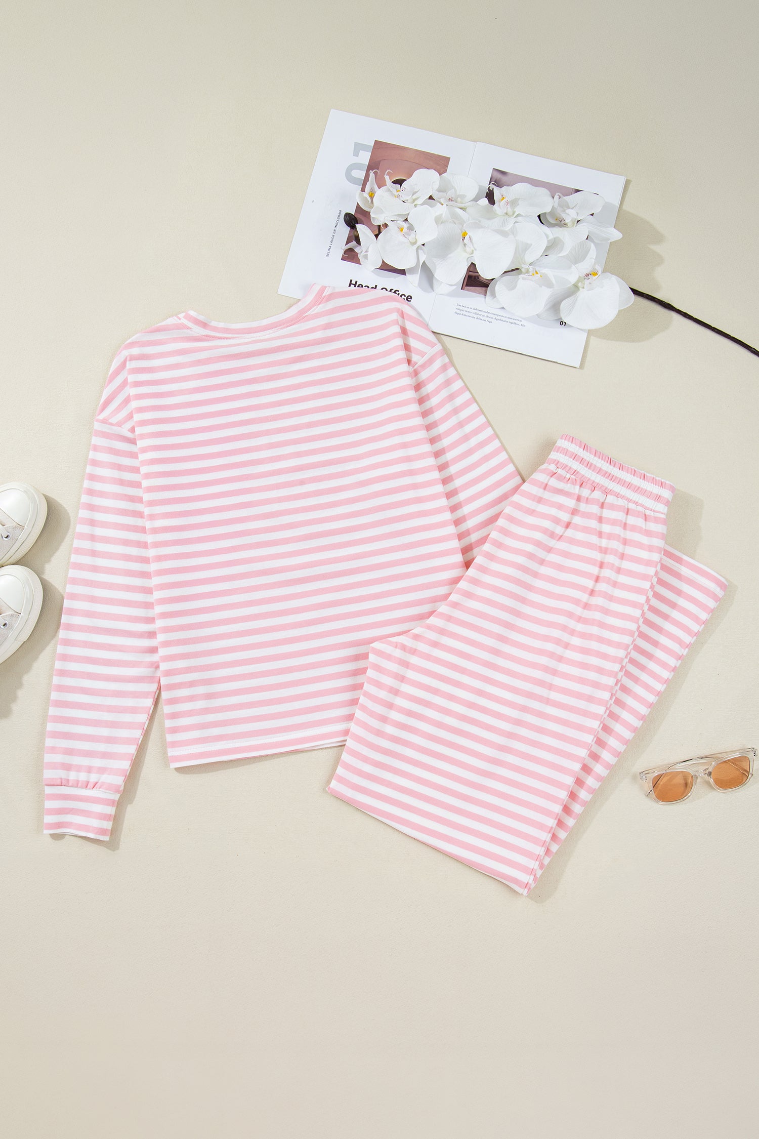 Pink Stripe Drop Shoulder Round Neck Top and Buttoned Straight Pants Two Piece Set
