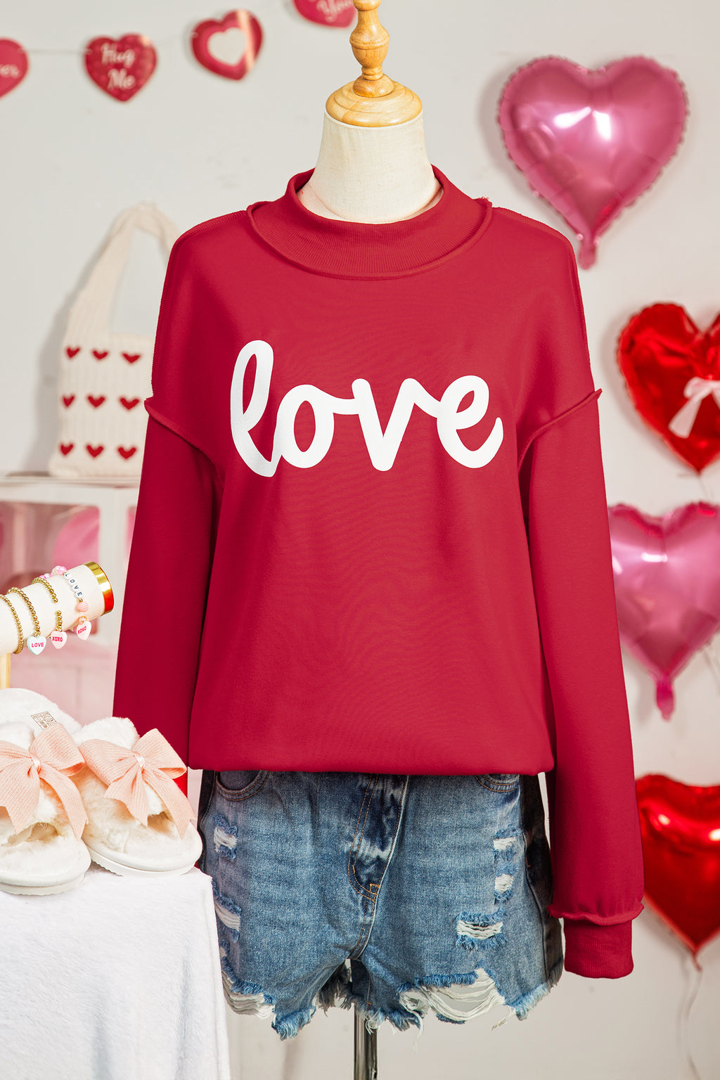 Racing Red Valentines Day Heart Love Script Reversible Printed Double Wear Mock Neck Sweatshirt