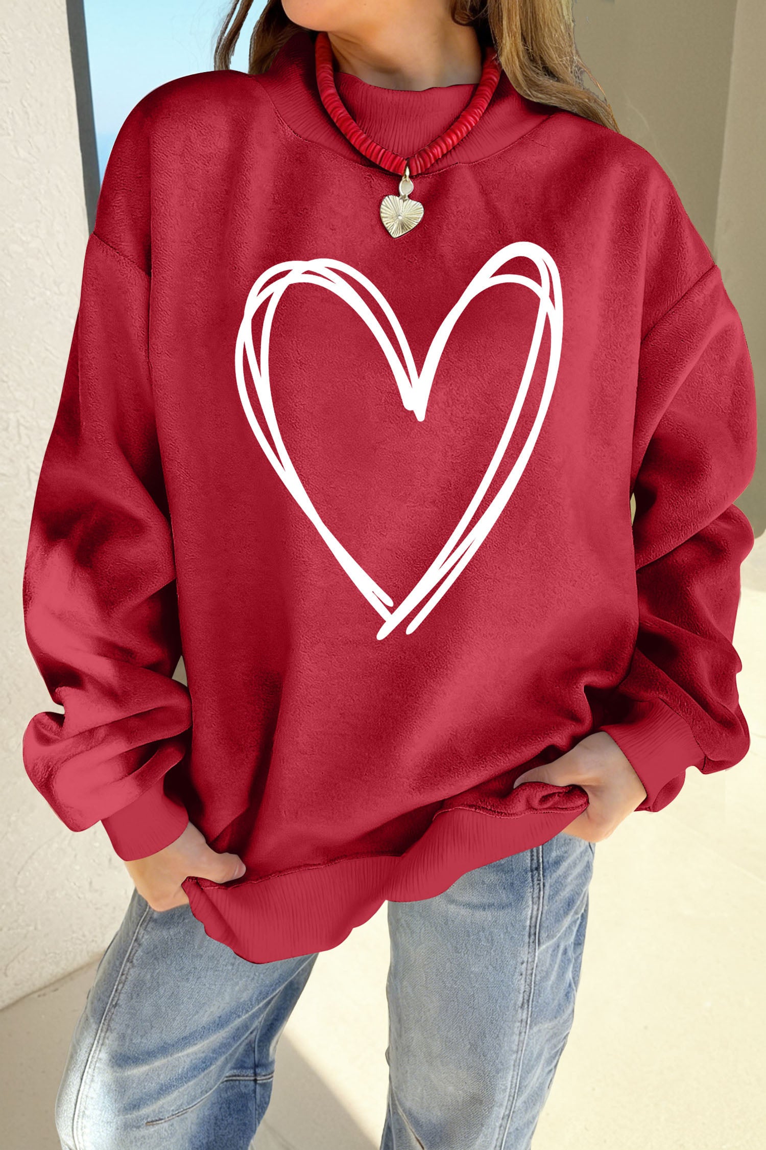 Racing Red Valentines Day Heart Love Script Reversible Printed Double Wear Mock Neck Sweatshirt