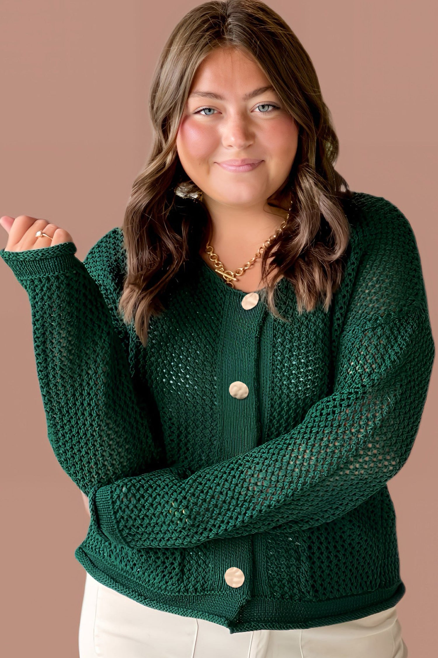 Blackish Green Plus Size Golden Accent Buttons Short Sweater Cardigan