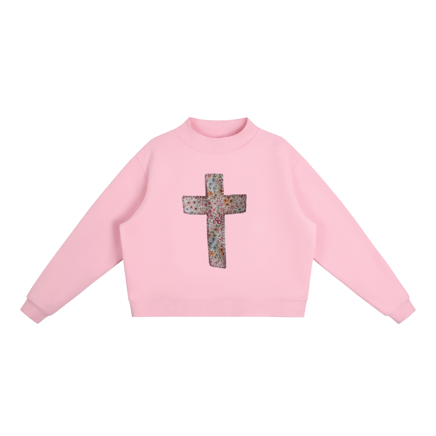 Floral Cross Fleece Mock-Neck Crew Sweatshirt