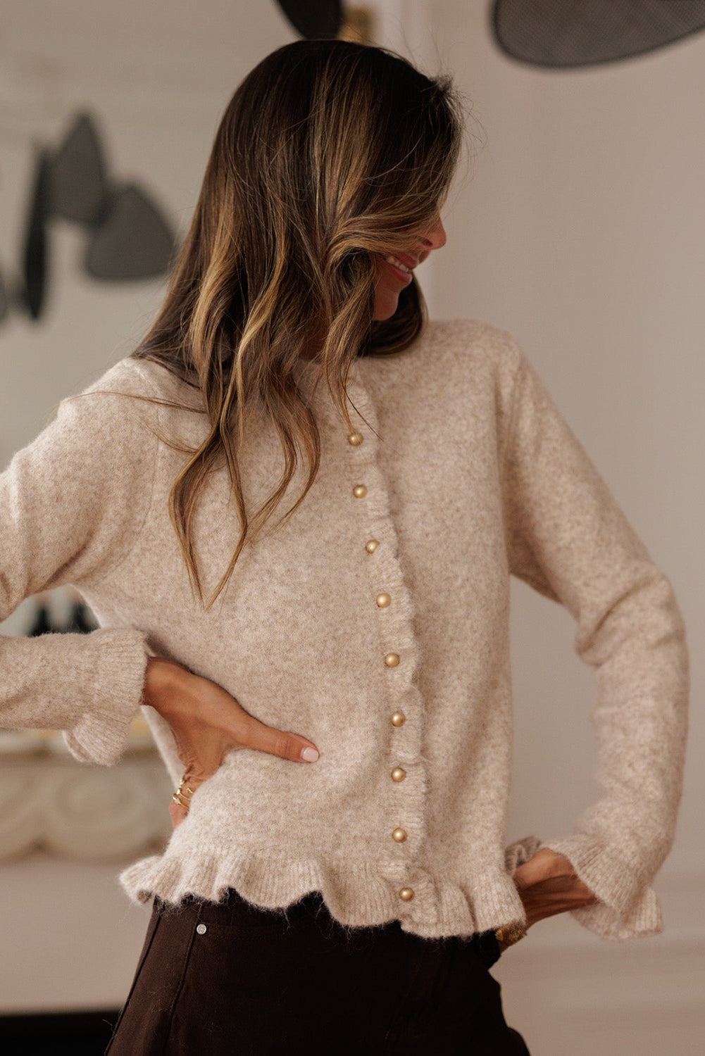 Oatmeal Ruffle Trim Gold Button Sweater Cardigan