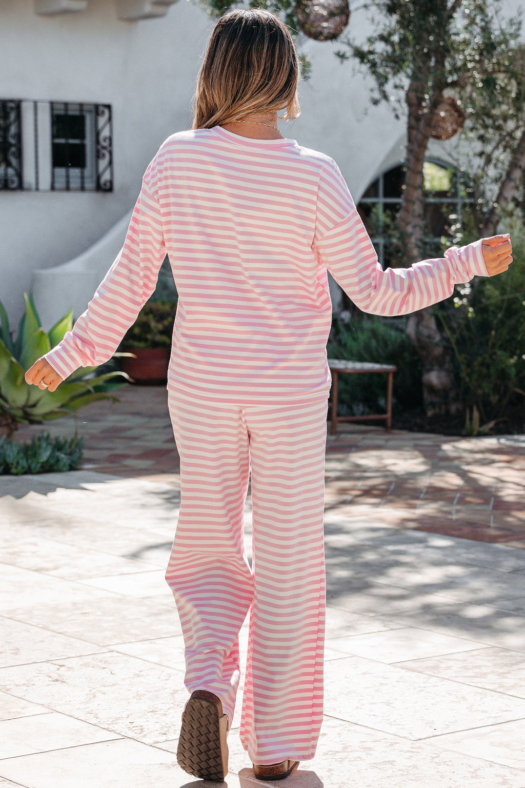 Pink Stripe Drop Shoulder Round Neck Top and Buttoned Straight Pants Two Piece Set