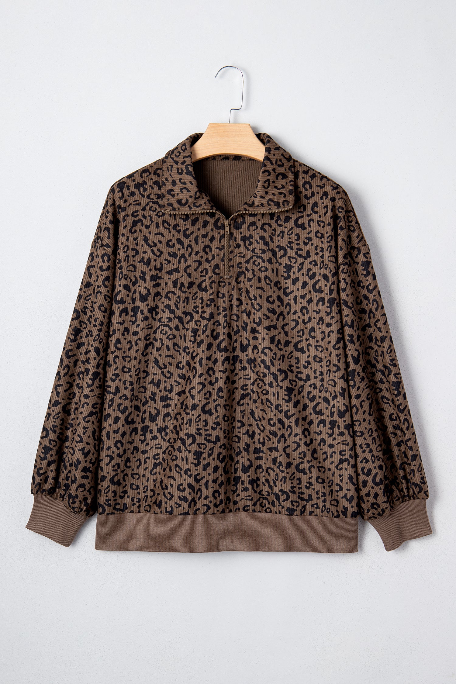 Brown Leopard Print Quarter Zip Corduroy Sweatshirt
