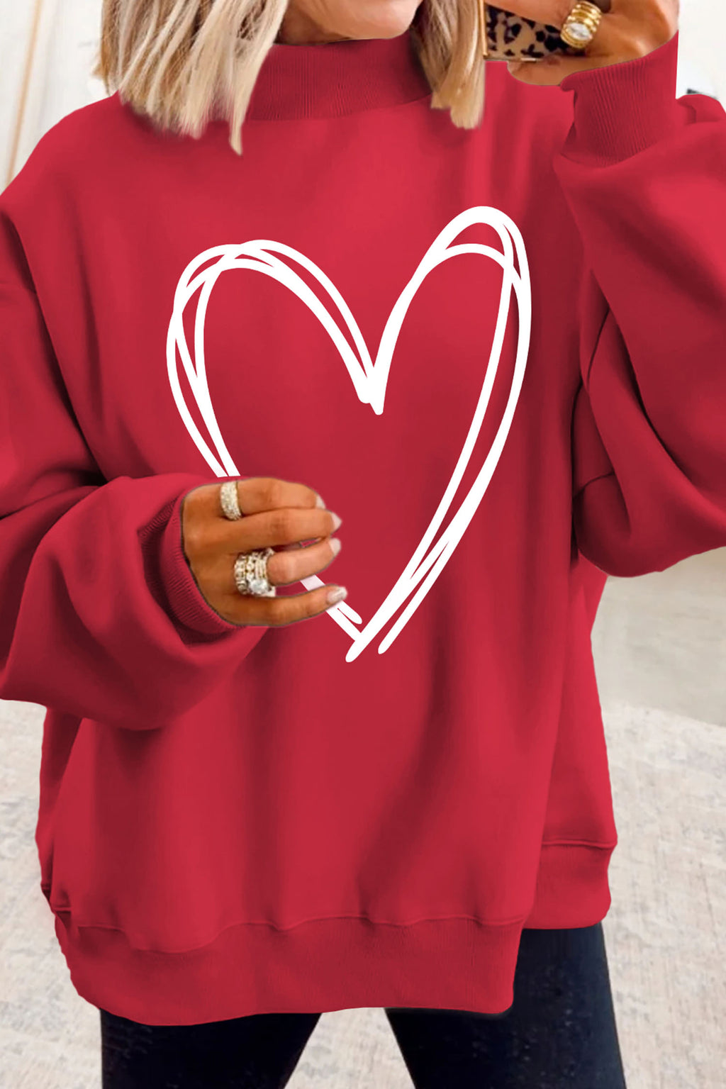 Racing Red Valentines Day Heart Love Script Reversible Printed Double Wear Mock Neck Sweatshirt