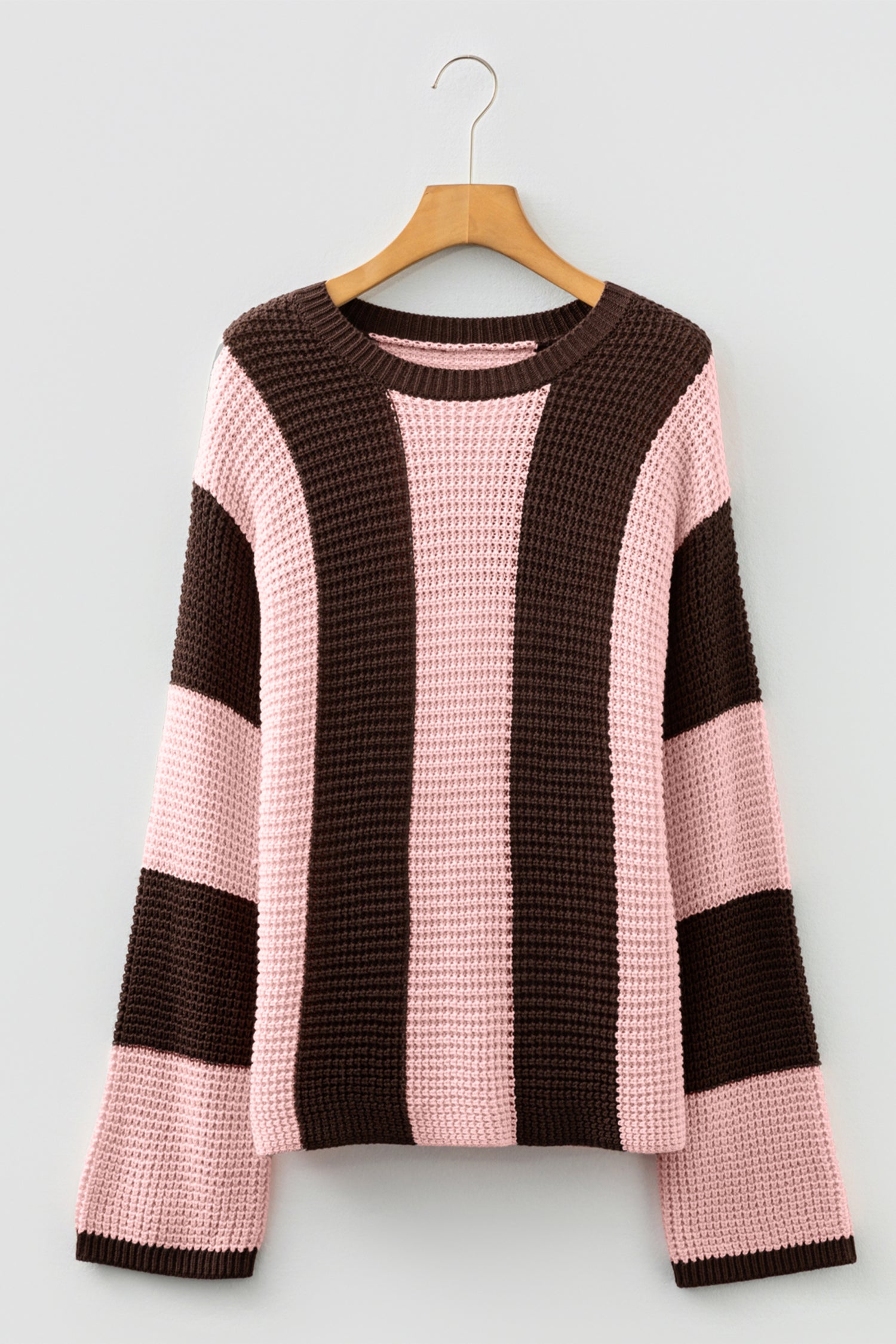Fushia Striped Color Block Thermal Textured Knit Drop Shoulder Sweater