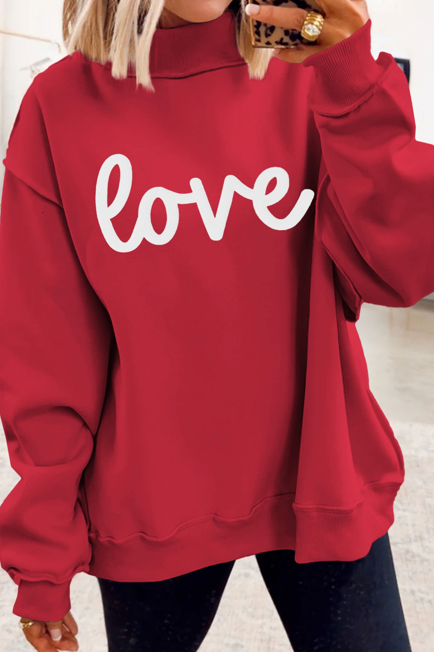 Racing Red Valentines Day Heart Love Script Reversible Printed Double Wear Mock Neck Sweatshirt
