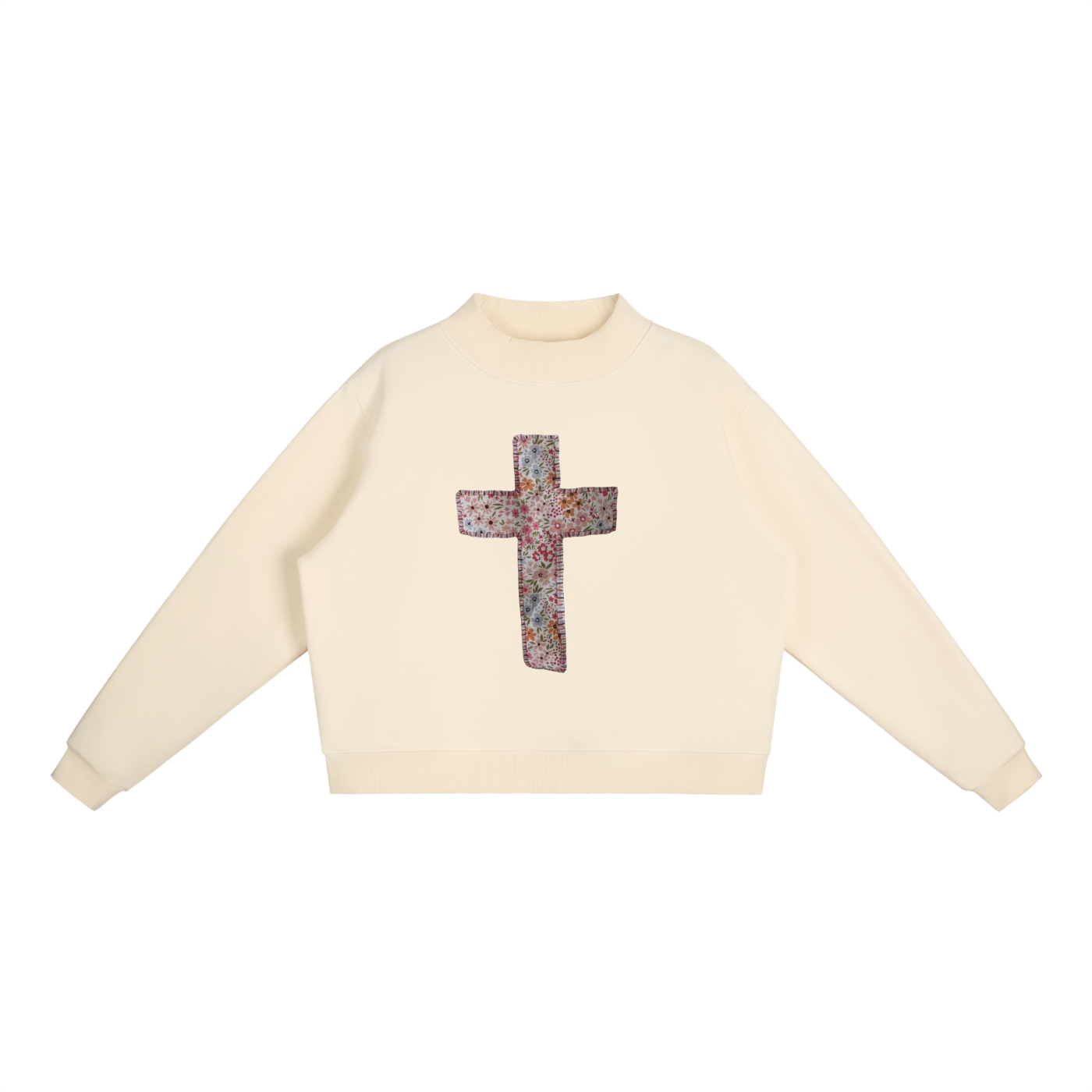 Floral Cross Fleece Mock-Neck Crew Sweatshirt
