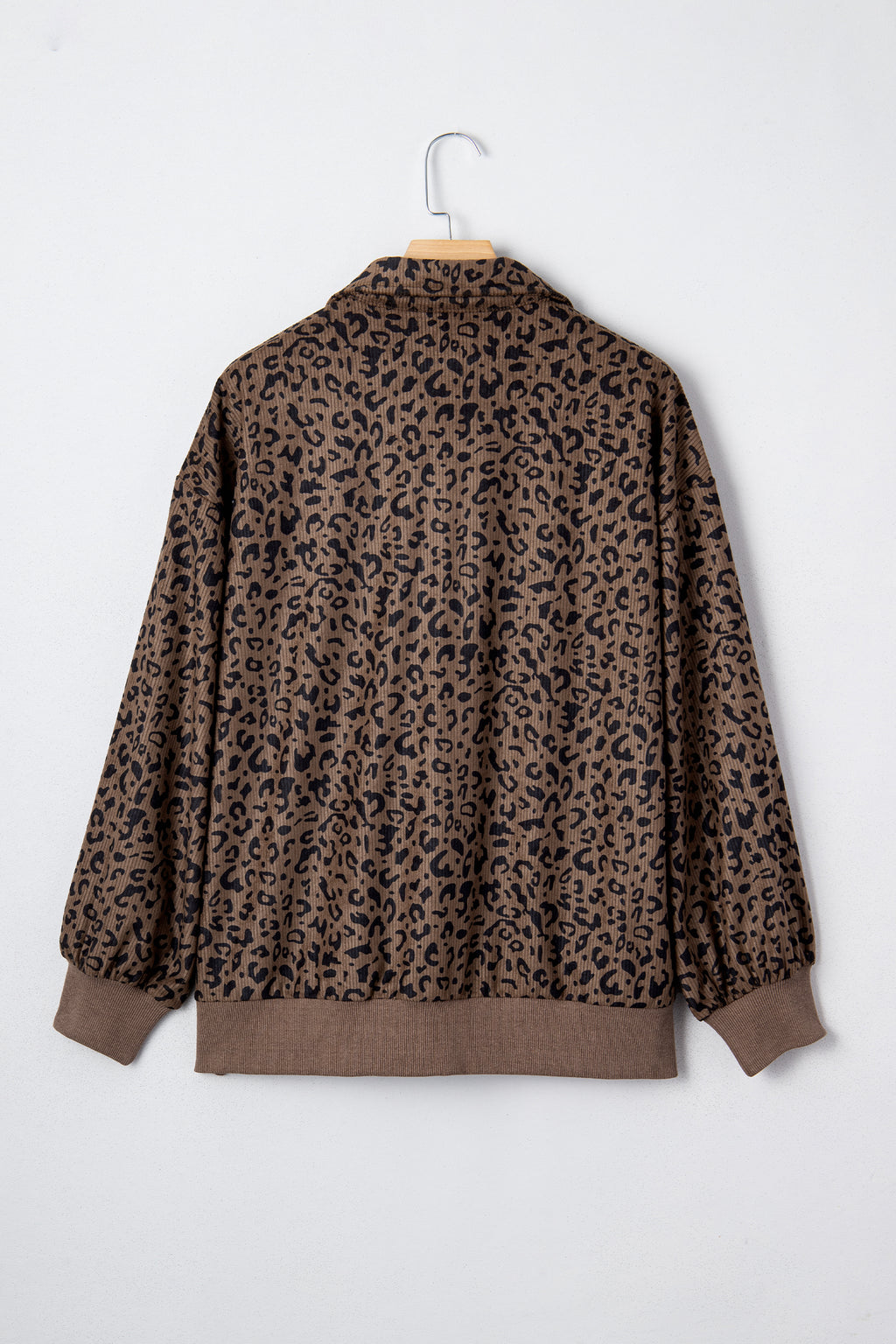 Brown Leopard Print Quarter Zip Corduroy Sweatshirt
