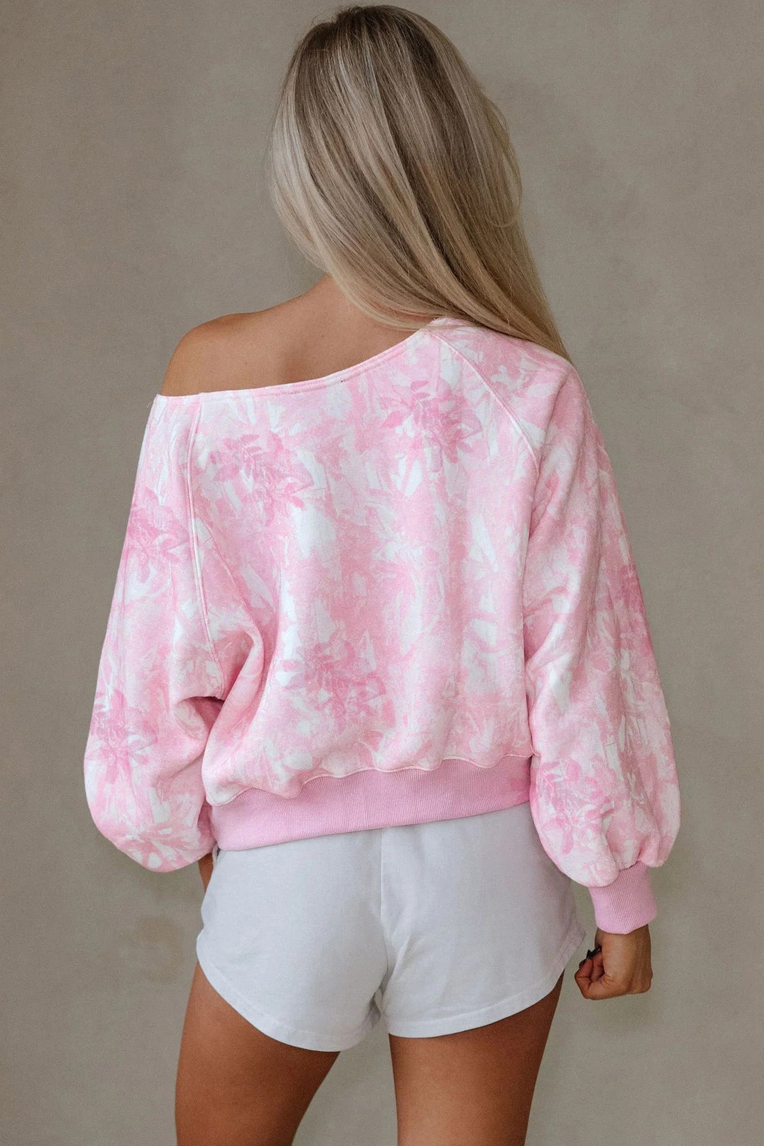 Pink Abstract Woodland Print Asymmetric Shoulder Long Sleeve Top