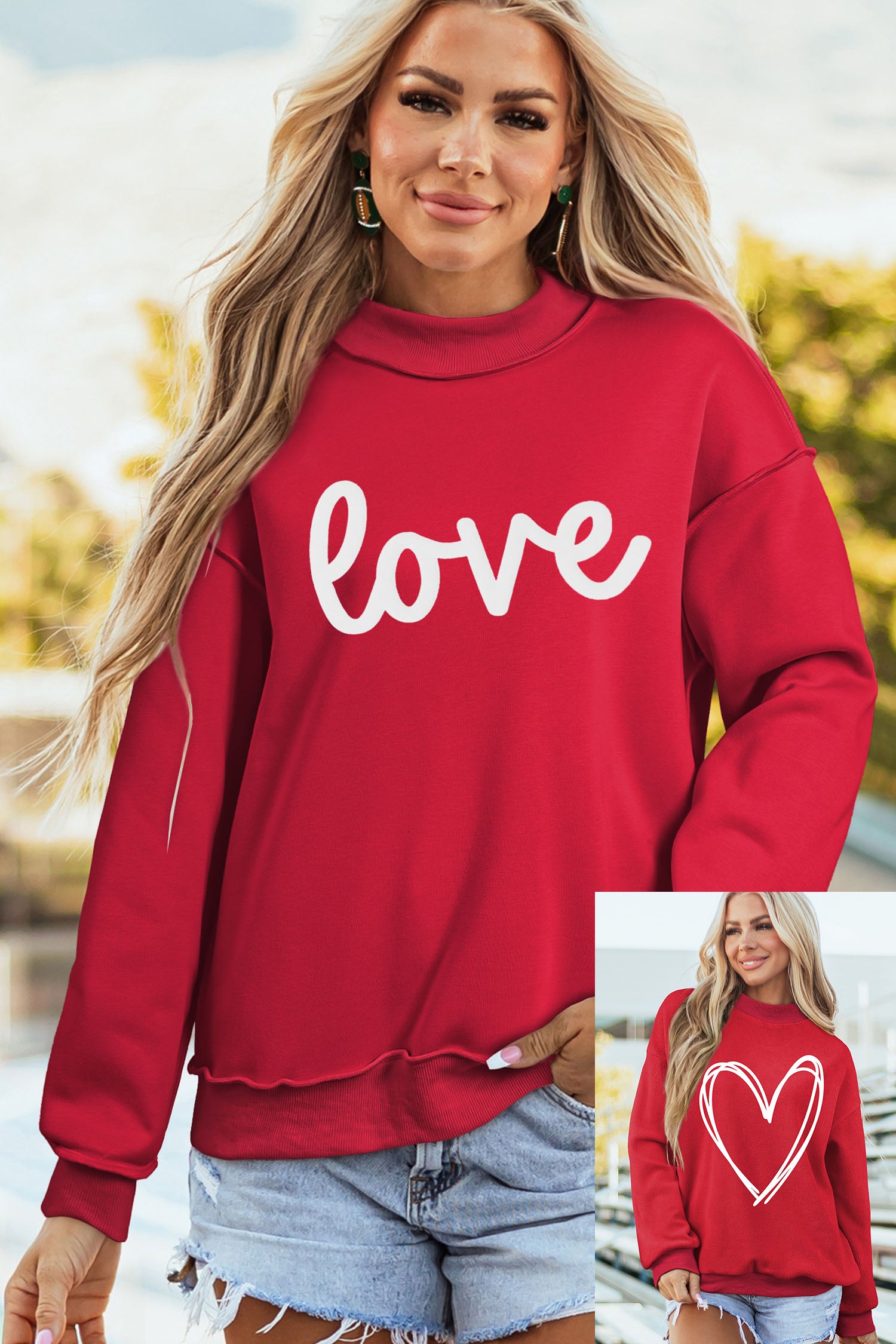 Racing Red Valentines Day Heart Love Script Reversible Printed Double Wear Mock Neck Sweatshirt