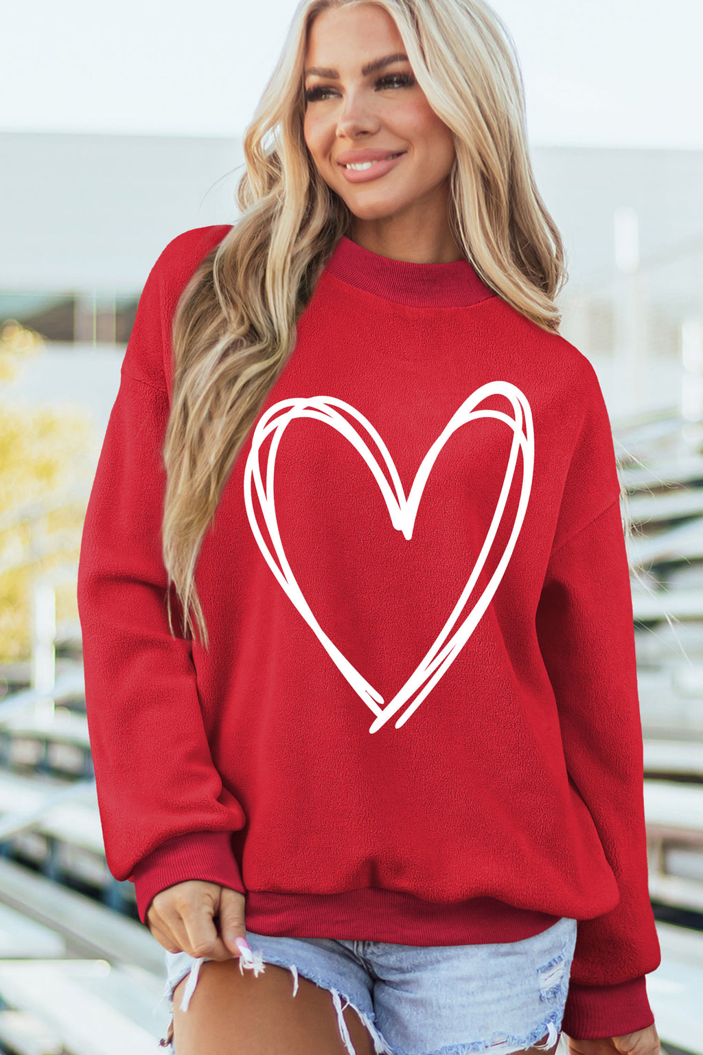 Racing Red Valentines Day Heart Love Script Reversible Printed Double Wear Mock Neck Sweatshirt