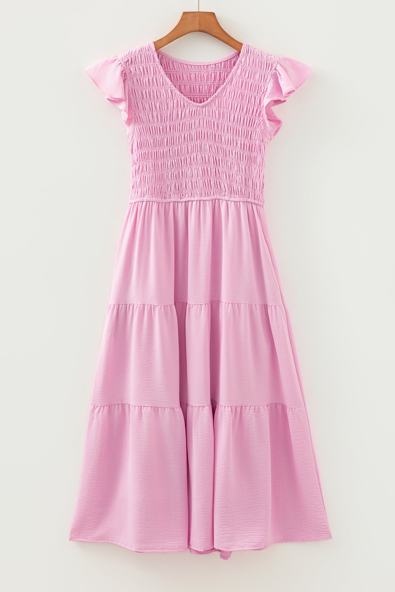 Pink Smocked Bodice Flutter Sleeve Fit Flare Tiered Midi Dress